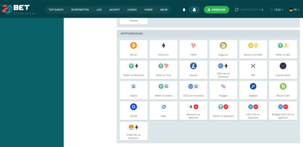 22Bet Kryptowährungen – Bitcoin, Ethereum, Solana, USDC und mehr