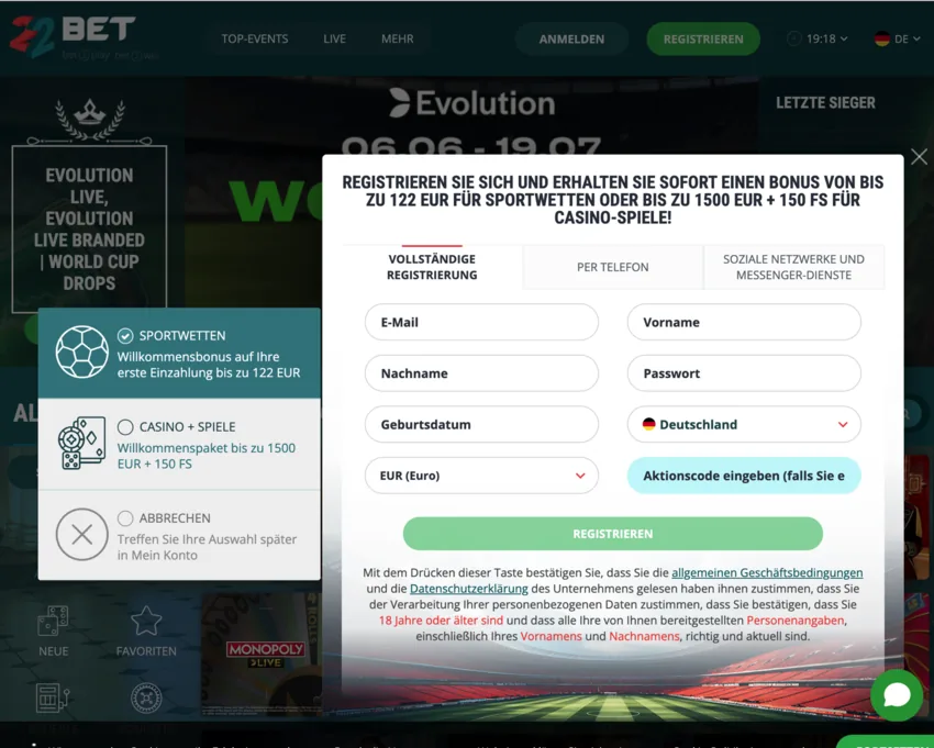 22Bet vollständige Registrierung per E-Mail mit Land Deutschland und Euro