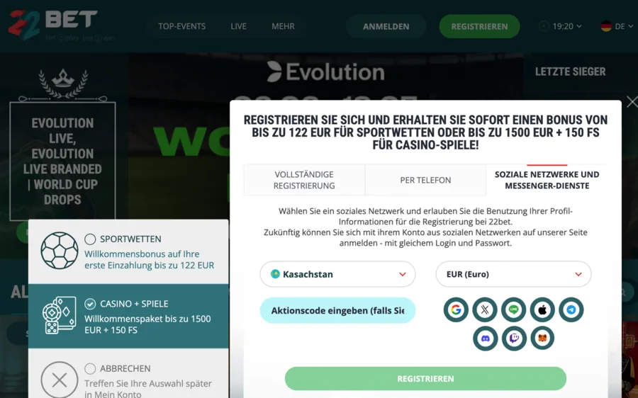 22Bet Registrierung über soziale Netzwerke: Google, Apple, X, Line, Telegram, Discord, Twitch, MetaMask